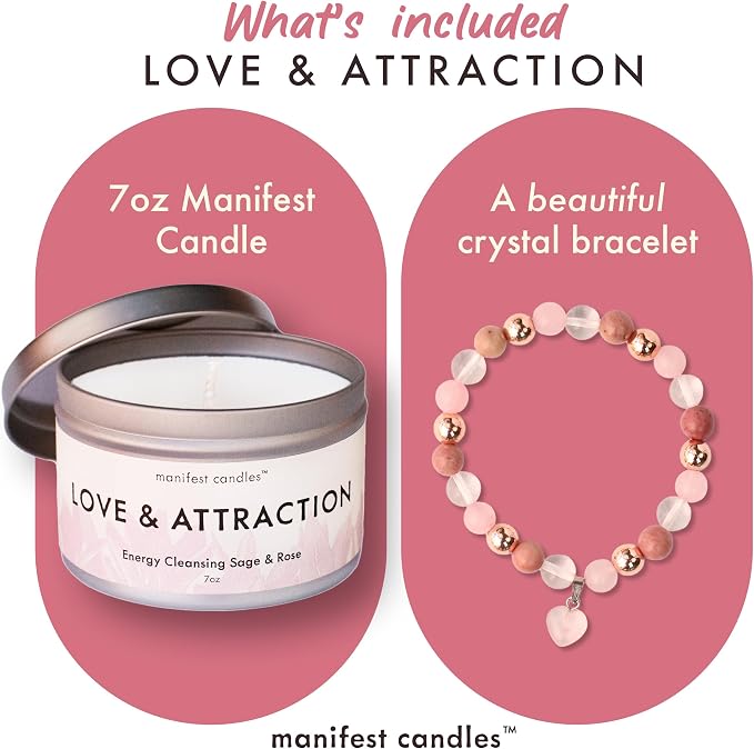 Manifest Candles Love Candle to Attract Love, 45 Hour Burn, Sage & Rose Candle, Romantic Candles, Spiritual Meditation Candles with Manifestation Crystals Bracelets for Women