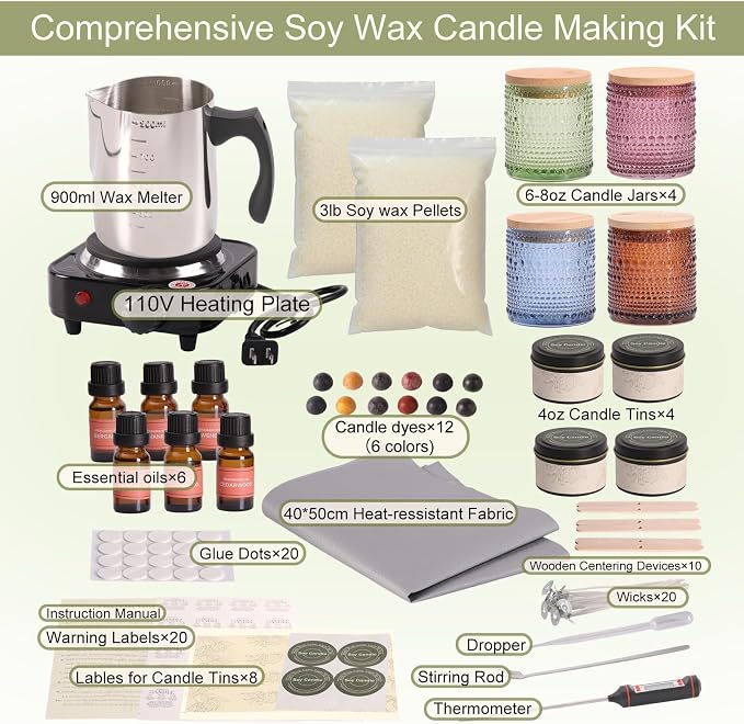 LAMORGIFT Soy Candle Making Kit with Wax Melter for Adults- Natural Soy Wax with Candle Making Supplies, 4 Jars& 4 Tins, Wax Melting Pot and More, Colored Scented Candle DIY Kit for Christmas Gift Set