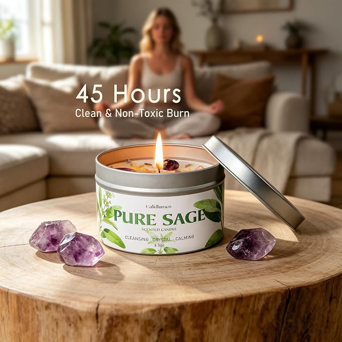 Pure Sage Candle for Cleansing - 2Pc Soy Scented Candle with Crystals & Sage Leaves Inside, House Negative Energy Kit, Spiritual Gift for Women