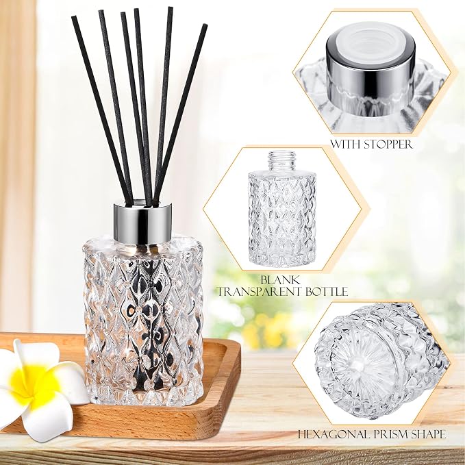 Norme 16 Set Empty Reed Diffuser Bottle Set with Stick, 150ml/5oz Clear Diffuser Glass Jars with Black Rattan Reed & Cap, for DIY Essential Oil, Fragrance, Home Fragrance, Bulk (Silver)