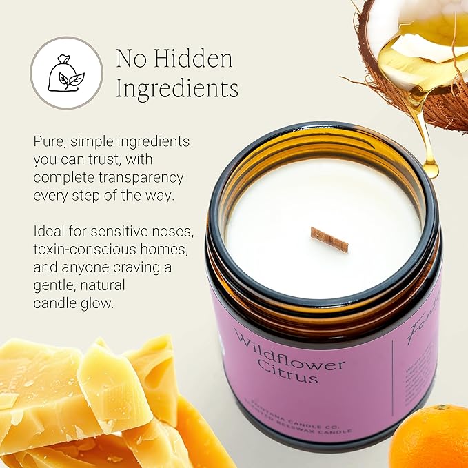 Fontana Candle Co Wood Wick Beeswax Jar Candle, Wildflower Citrus – Made Safe with Coconut Oil & Pure Essential Oils – 35+ Hrs Clean Burn, Long Lasting and Non-Toxic Candles for Home & Room Decor