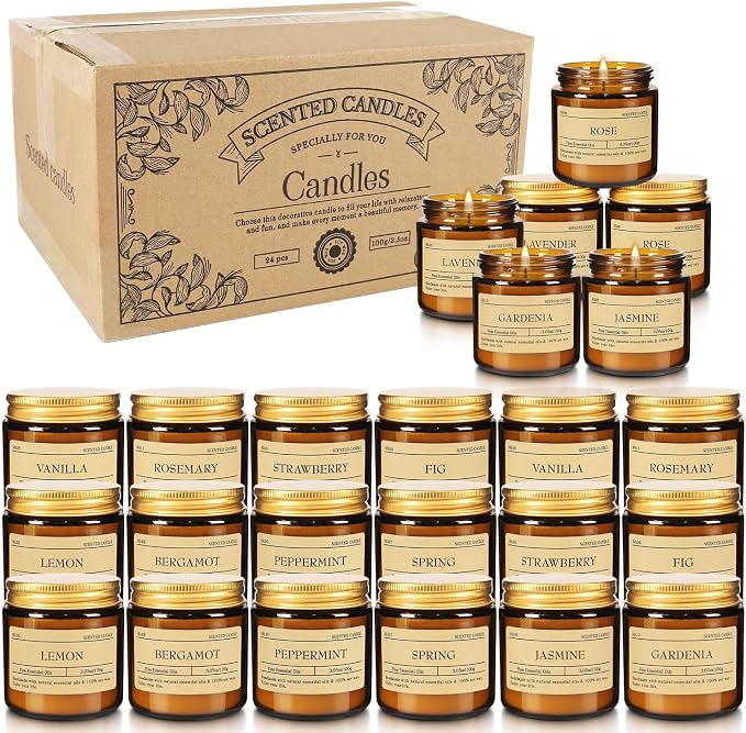 Scented Candle Set 24 Pack (3.05oz Each) - Aromatherapy Candles with Essential Oils, Smokeless Soy Wax Candles in 12 Scents, Gift for Women/Mom, Valentine/Mother's Day/Christmas/Birthday