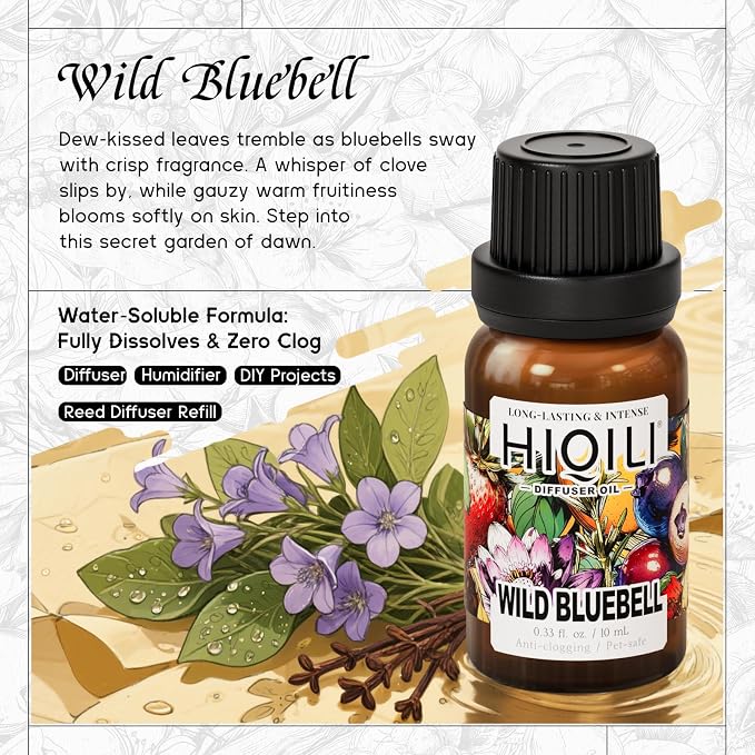 HIQILI Wild Bluebell Diffuser Oil for Scent Diffusers, Inspired by Jo M.lone's, Work & Relax, Ideal for Office, Bathroom, Travel - 0.34 Fl Oz