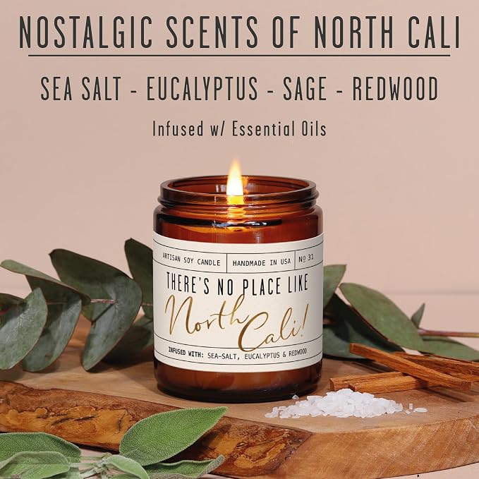 California Gifts, California Decor for Home - 'There's No Place Like North Cali Candle, w/Sea Salt, Sage & Orange I California Souvenirs I California State Gifts I 9oz Jar, 50Hr Burn, USA Made
