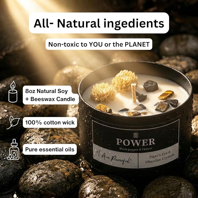 Power Crystal Candle for Meditation, 8oz Scented Candles with Tigers Eye and Obsidian Healing Crystals, Black Pepper Vetiver Aroma for Good Fortune, Spiritual Room Decor Great Gift for Women and Men