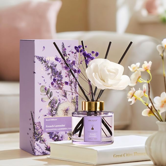 Airkeep Flower Reed Diffuser Set, French Lavender Diffuser Set, 5.07 Fl.oz (150ml), Home Fragrance, Bathroom, Bedroom & Home Décor, Air Freshener