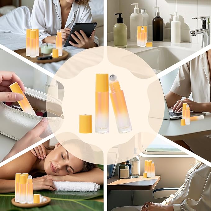 SESENSE Essential Oil Roller Bottles, 10ml Thick Glass Perfume Roller Bottles with Funnel Opener and Dropper Colored Glass Empty Bottles with Stainless Steel Roller Balls (Orange, 12 Pack)