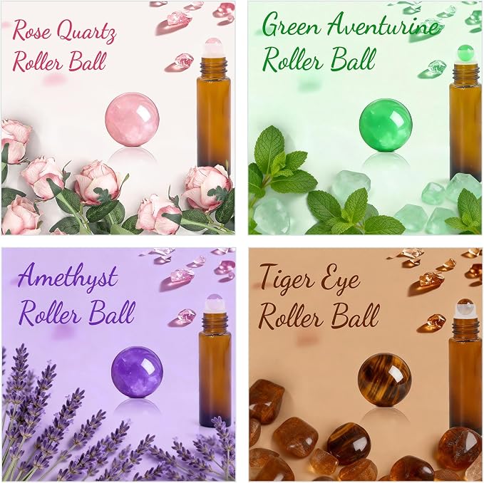 8 Pack 4 Types Roller Bottles for Essential Oils, 10ml Refillable Amber Glass Roll On Bottles with Natural Crystal Roller Balls, Leak-Proof Travel Perfume Bottle with exquisite Caps