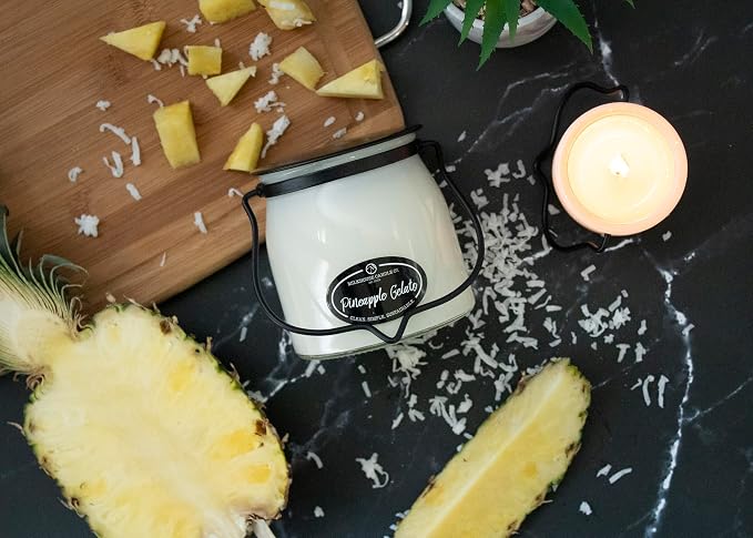 Milkhouse Candle Company Pineapple Gelato Soy Candle - Pineapple | Coconut | Vanilla Bean Scented - 16 oz Butter Jar with Lid, 65+ Hour Burn Time, Made in the USA