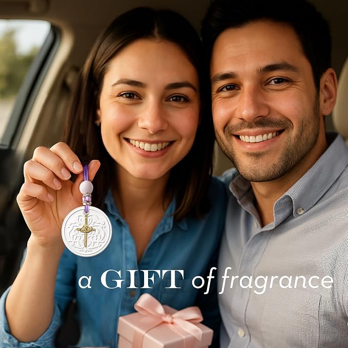 Luxury Car Air Freshener for Women - Refillable & Portable Luxury Fragrance Diffuser - Cute Car Accessories & Interior Decor - Mirror Hanging or Vent Clips - Two Hearts Cross, Rose Scent