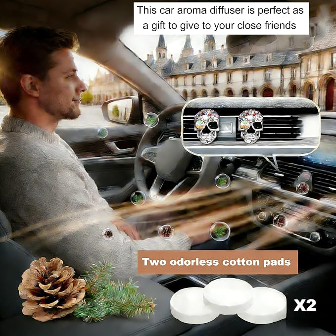Gothic Skull Car Air Freshener Vent Clips with 2 Pads, Halloween Scented Car Accessories for Men Women, Automotive Interior Decor and Cool Car Fresheners for Men， Spooky Gift Idea-A7