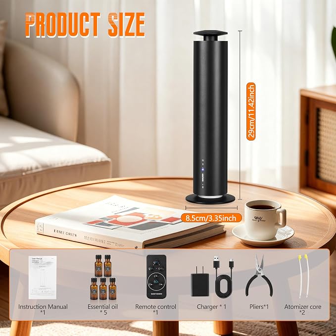 JEKAL Waterless Scent Diffuser Starter Kit with 5 Oils - Smart APP Cold Air Scent Machine, Up to 2000 Sq Ft for Homes Offices Hotels Spas - Quiet Essential Oil Diffuser 8H Battery 3-Color Light, Black