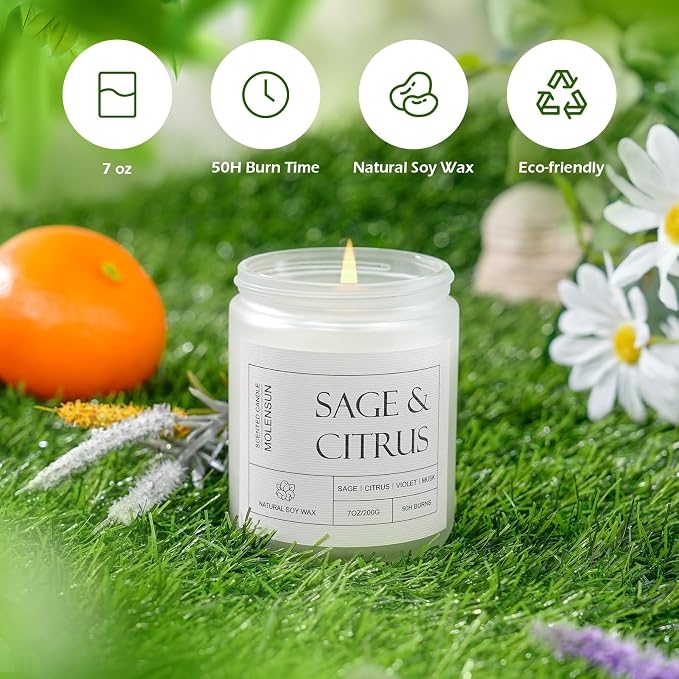 Molensun Sage & Citrus Scented Candles, Aromatherapy Jar Candle, 7 oz Long Lasting Candles, Soy Wax Candle Gift for Women