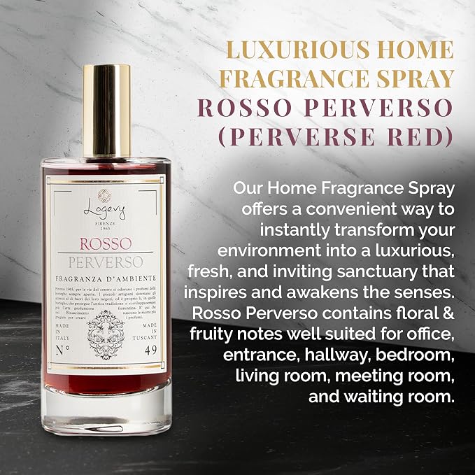 Logevy Firenze 1965 Rosso Perverso – Perverse Red Luxury Home Fragrance Spray from Master Perfumer in Italy with Floral & Fruity Notes to Captivate The Senses & Enliven Any Room – 100ml