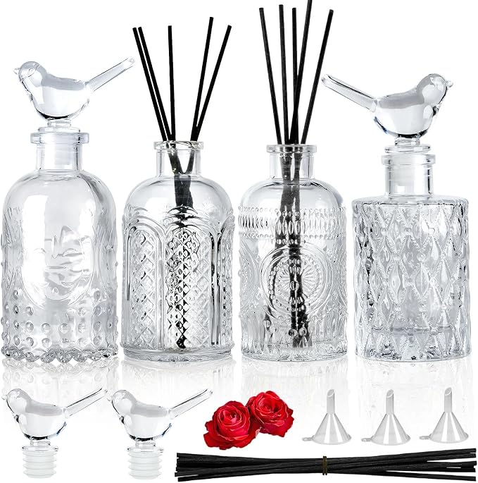 Reed Diffuser Glass Bottles Empty Set of 4 DIY Clear Decorative Bottles Fragrance Vase Jars Oil Diffusers Container with Sticks for Home Office Desk Wedding Valentine Decor Car Girl Women
