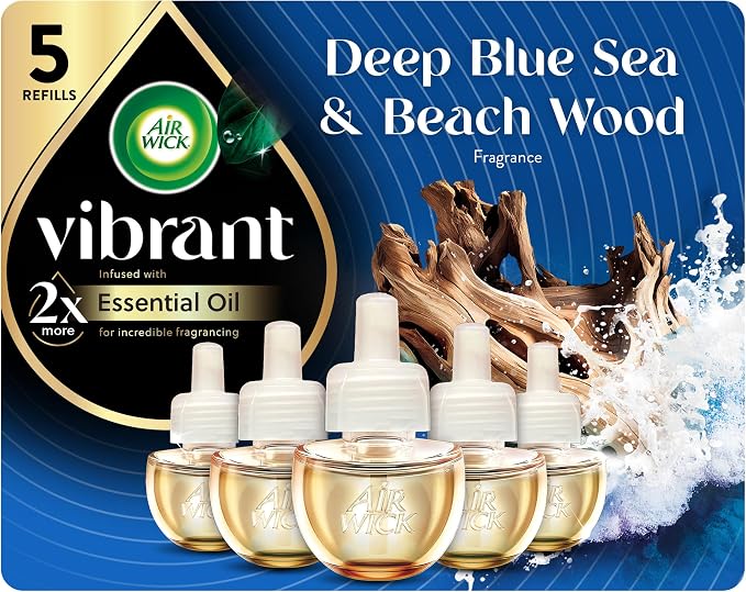 Air Wick Vibrant Plug-In Scented Oil Refills, 5 Count, Deep Blue Sea and Beech Wood, Air Freshener, Essential Oils