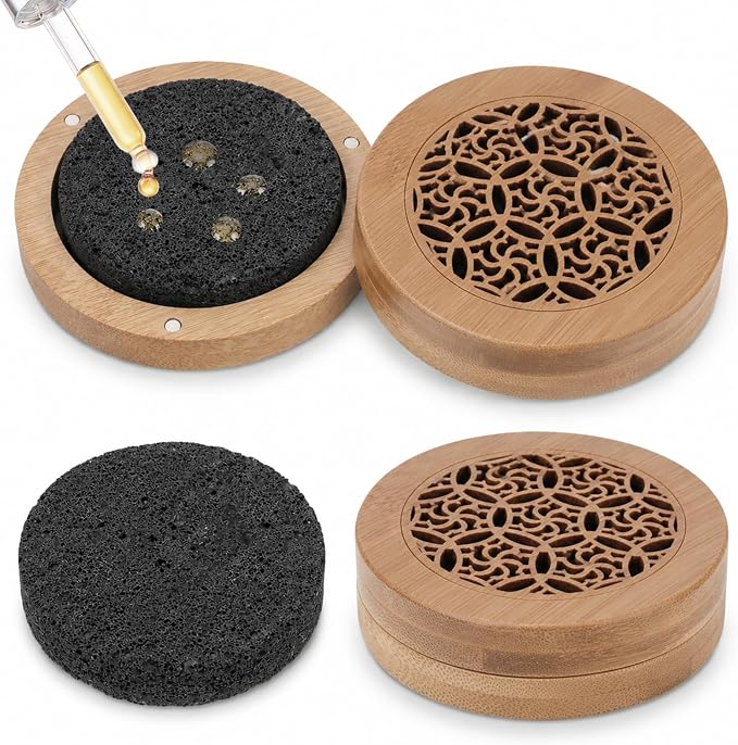 Passive Essential Oil Diffuser Stone, Small Lava Rock Diffuser Set Aromatherapy Stone for Desk Home Office Car Gift-Giving, Compact Wood Bas