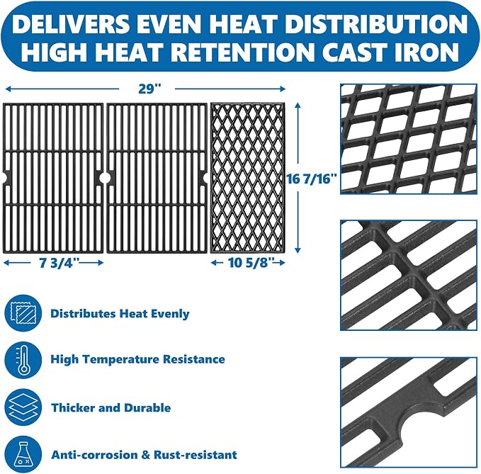 SafBbcue Grill Replacement Parts for Dyna-Glo 5 Burner DGH474CRP, DGH485CRP, DGH483CRP, DGH474CRN Grills, Cast Iron Grill Grates, Porcelain Steel Heat Plates, Grill Parts Kit
