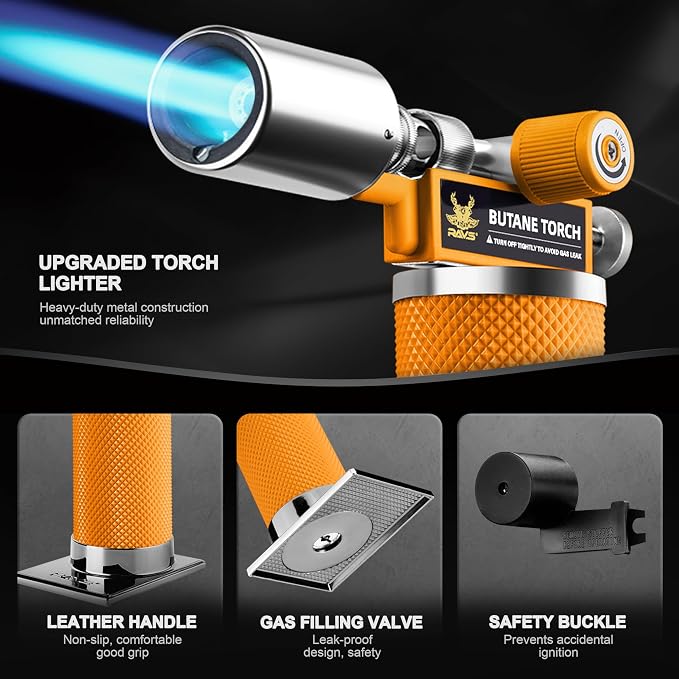 RAVS Butane Torch Lighter, Creme Brulee Torch with Adjustable Flame, Premium Metal Kitchen Torch for Baking, BBQ, DIY, Orange, Butane Gas Not Included