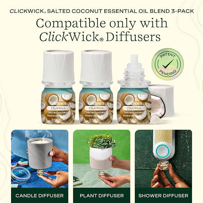 Lifelines ClickWick Essential Oil Blends for Lifelines Diffusers, 3-Pack Salted Coconut Set – Essential Oil Blend Refill for Candle, Plant & Shower Aromatherapy Diffuser – Fragrance for Diffusers