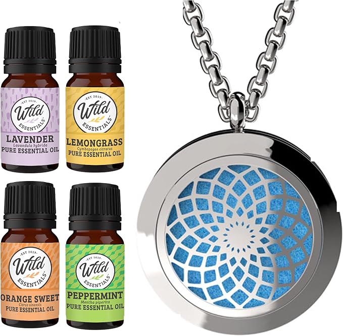 Wild Essentials Sun Mandala Necklace Essential Oil Diffuser Kit with Lavender, Lemongrass, Peppermint, Orange Oils, 12 Refill Pads, Calming Aromatherapy Gift Set, Customizable Color Changing, Perfume