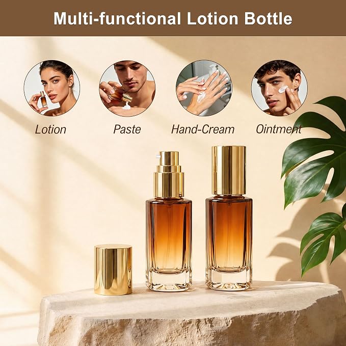 1oz Travel Pump Bottle, 30ml Gradient Glass Liquid Dispensing Bottle with 3 Transfer Tools, Leak-Proof Small Refillable Makeup Containers for Toiletries, Lotion, Essential Oils (Coffee Gradient)