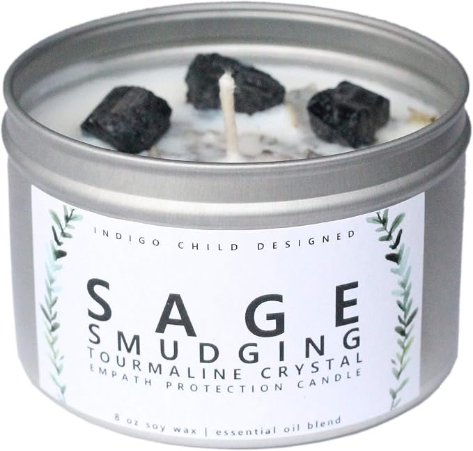 Empath Energy Clearing 8 Oz. Candle, Smudging, Clear Negative Energy, Sage with Black Tourmaline Crystals