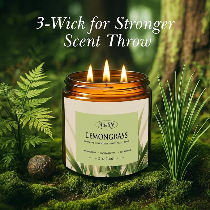Lemongrass Scented Candle | 3-Wick Jar Candle - 12oz Natural Soy Wax - Citronella Scent for Indoor Outdoor Use, Long Lasting Aromatherapy Gifts for Fathers Day, Summer, 50+ Hour Burn