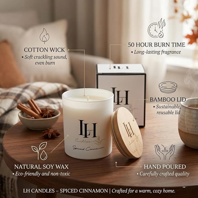 LH Spiced Cinnamon Scented Candles 10.6 oz – Romantic Candle for Home Ambience, Warm Cinnamon Aroma, Aromatherapy Jar Candle Cozy Decor Gift for Women or Men Relaxing Fragrance
