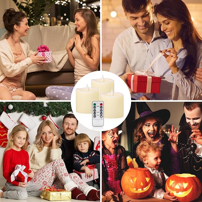 Flameless Candles with Remote & Timer - 3×3'' Ivory Pillar LED Candles Battery Operated,Fake Candles for Indoor Outdoor - Realistic Flickering Flame Holiday Wedding Church Decor (3-Pack)