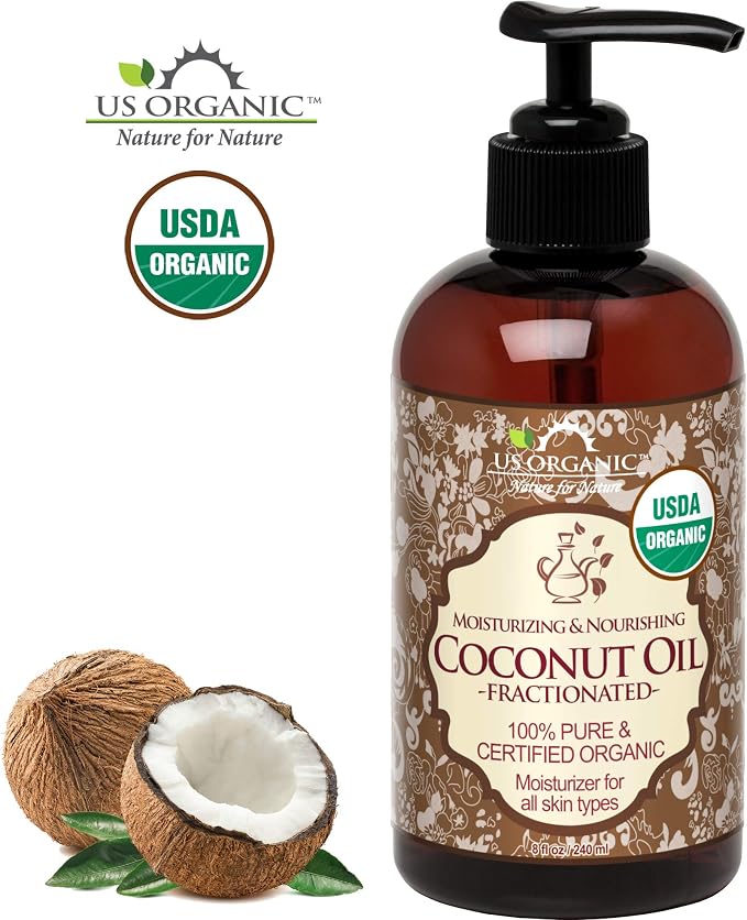 US Organic Fractionated Coconut MCT Oil (Liquid Coconut Oil), USDA Certified Organic, Non-GMO, Perfect for massage, carrier oil for DIY blends, Hair, Skin care. 100% Pure, Hexane-Free (8 oz)