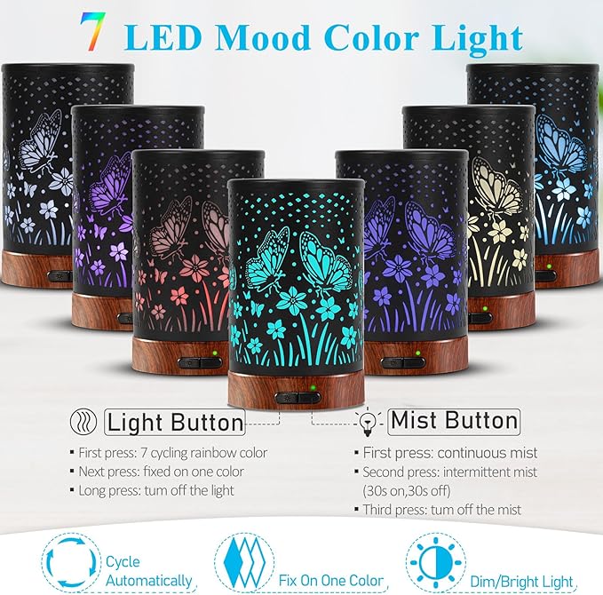 Essential Oil Diffuser - 150ML Metal Aromatherapy Diffuser for Essential Oils with 7 Colors Lights Gifts for Mom Auto Shut-Off & Ultrasonic Cool Mist Diffuser, Ambience for Home