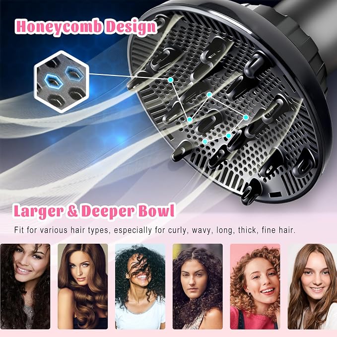 Universal Hair Diffuser for 1.4"-3.1" Blow Dryers, Diffuser Hair Dryer Attachment, Professional Hair Diffuser for Curly Wavy Long Thick Hair, Reduces Frizz & Defines Curls, Home/Travel Use, Black