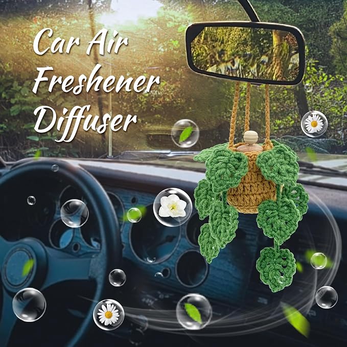 Crochet Car Air Freshener, 15ml Empty Refillable Oil Diffuser Bottle with Hanging Crochet Plant for Car Rearview Mirror Decor, Handmade Home&Office Decor