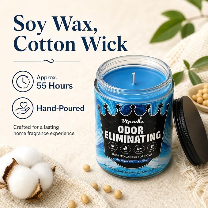 9 oz Ocean Breeze Odor Eliminating Candles for Home Scented, Eliminates 99% of Pet, Smoke, Food and Other Smells Quickly, Highly Fragranced Candle, Premium Soy Candles Set for Women