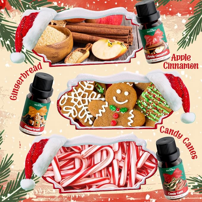 Christmas Essential Oils Gift Set, SNOWSEN Winter Fragrance Oils for Diffuser & Aromatherapy, Apple Cinnamon, Christmas Pudding, Candy Cane, Gingerbread, Cranberry Scented Oil for Candle Making