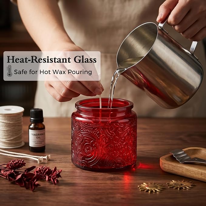10 oz Red Sun Moon Stars Candle Jars with Metal Lids, 9 Pack | Patented Embossed Design, Includes Wick Centering Devices & Warning Labels, Multiple Color Options