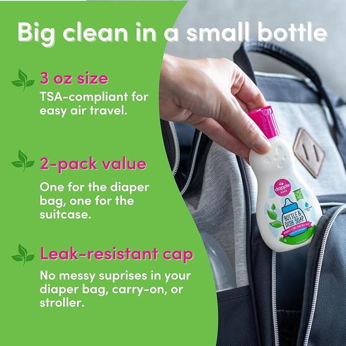 Dapple Baby Fragrance-Free Baby Bottle & Dish Soap - (2 Pack) 3 fl oz - Plant-Powered Cleaner for Bottles, Pump Parts, and Sippy Cups - Travel Size