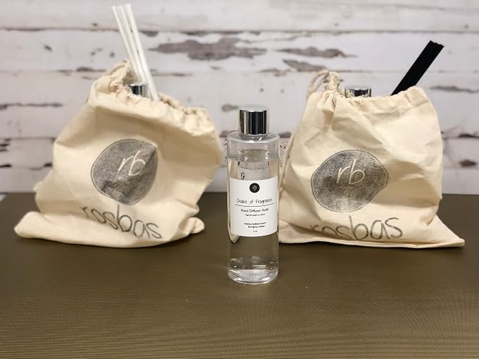 rosbas Sea Salt & Orchid Reed Diffuser Refill Set - White Reeds - 6 fl oz Bottle in a Drawstring Cotton Bag - High Performance Fiber Reeds - Handcrafted in USA