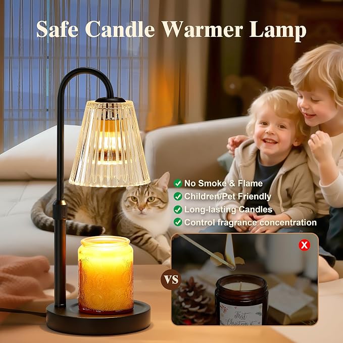 Briever Electric Candle Warmer Lamp with Timer Dimmer, Adjustable Height Wax Melter Warmer for Jar Candles, House Warming Gifts for New Home Decor, Birthday Gifts for Women, Black Wooden Base