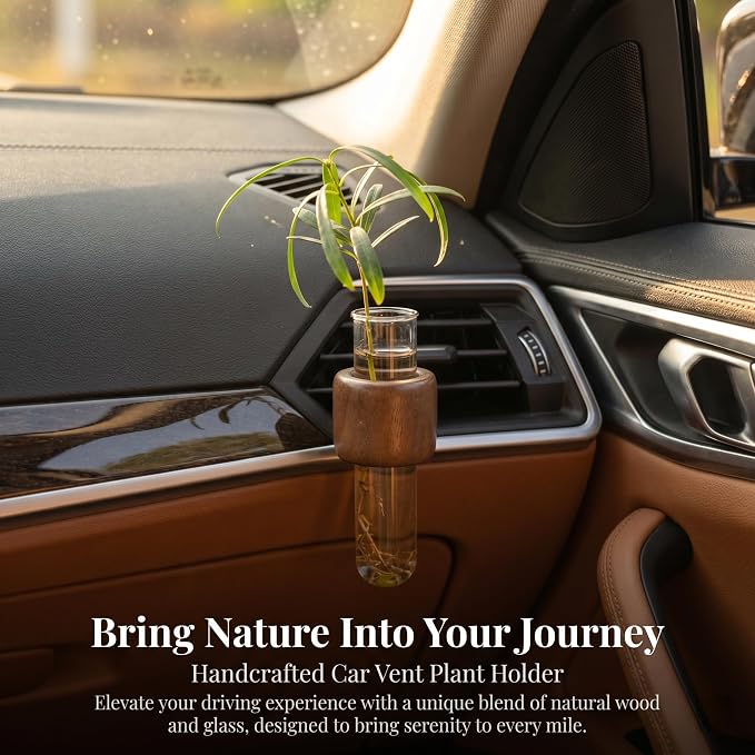 Car Vent Clip Bud Vase, Car Air Vent Propagation Vase Diffuser, Glass Tube Plants Ornamental Decoration, Universal for Horizontal, Vertical, Angled Outlets (Round Walnut)