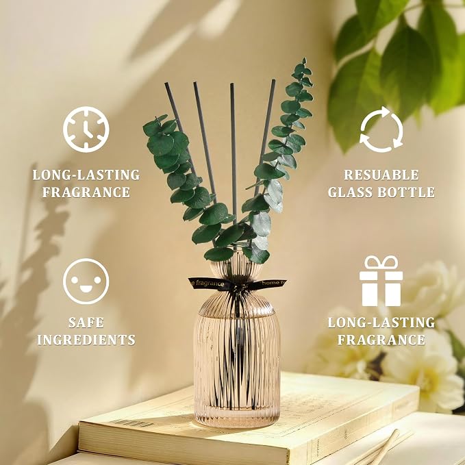 Airkeep Reed Diffuser Set 6.76 oz – Clean Linen Decorative Home Fragrance with Eucalyptus Sticks, Ribbed Glass Diffuser for Bathroom & Bedroom Décor, Gift Ready