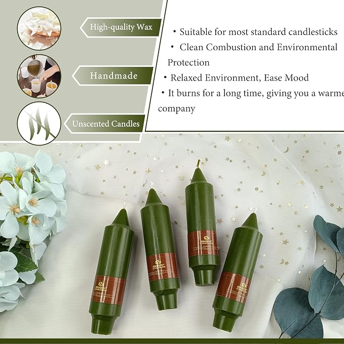 5 inch Short Candle Olive Green Unscented Candles 4 Pack Tapered Candle Ideal as Dinner Candles Smokeless Long Burning Candlesticks for Weddings Dinner Party Home Decor