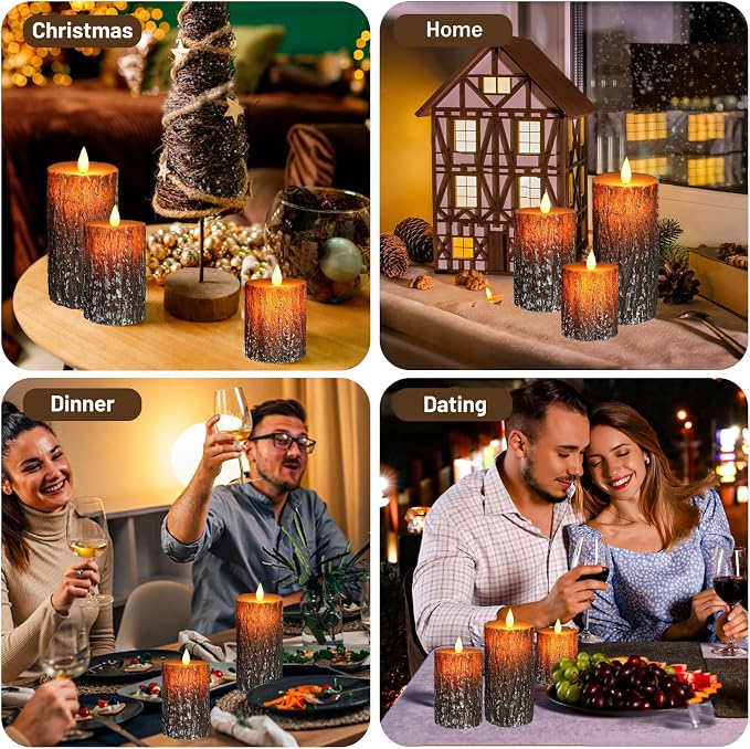 VEEKI Flameless Candles Lights, Set of 3 Battery Operated Flickering Flameless Candles with Remote & Timer, Dimmable LED Pillar Candles, Pine Bark Electric LED Candles for Christmas Winter Home Decor