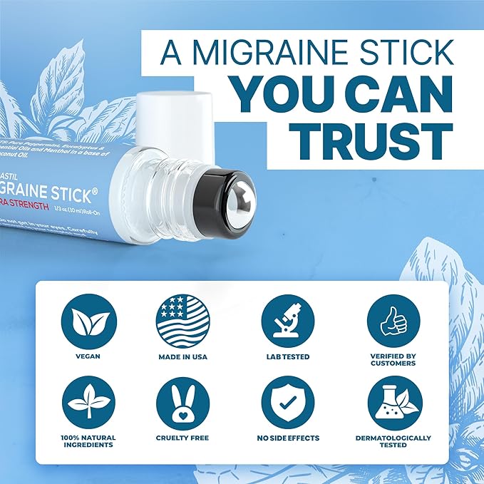 Basic Vigor Migrastil Extra Strength Migraine Stick Advanced Formula, Strong Aromatherapy Roll On Includes Menthol, Essential Oils, No Lavender, Made in The USA.