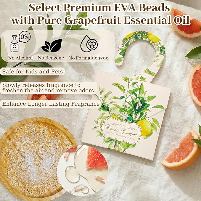 24 Pack Grapefruit Sachets for Drawers and Closets, Fresh Scents Sachet Packets Vibrant Closet freshener and Drawer Deodorizers, with 10 Reusable Hanging Bags
