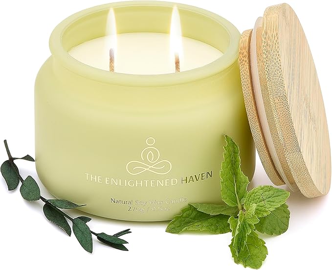 Eucalyptus and Peppermint Meditation and Yoga Candle for Healing Clarity and Rejuvenation - 50 Hour Clean Burning Soy Wax - 2-Wick Aromatherapy Focus Candle with Guided Materials- 9.5 oz