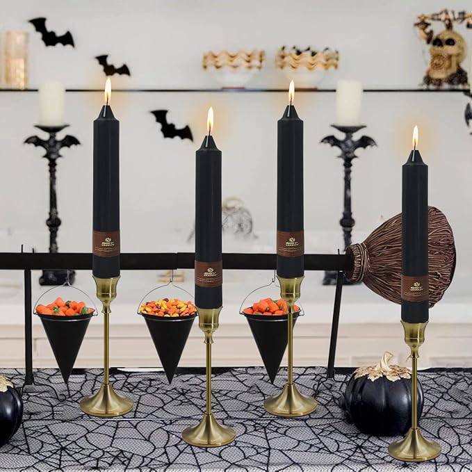 Black Halloween Taper Candles 4 Pack Hand-Poured 9 Inch Unscented Long Tapered Candles for Spooky Decor, Haunted Houses & Gothic Weddings - Clean Burning, Smokeless & Odorless