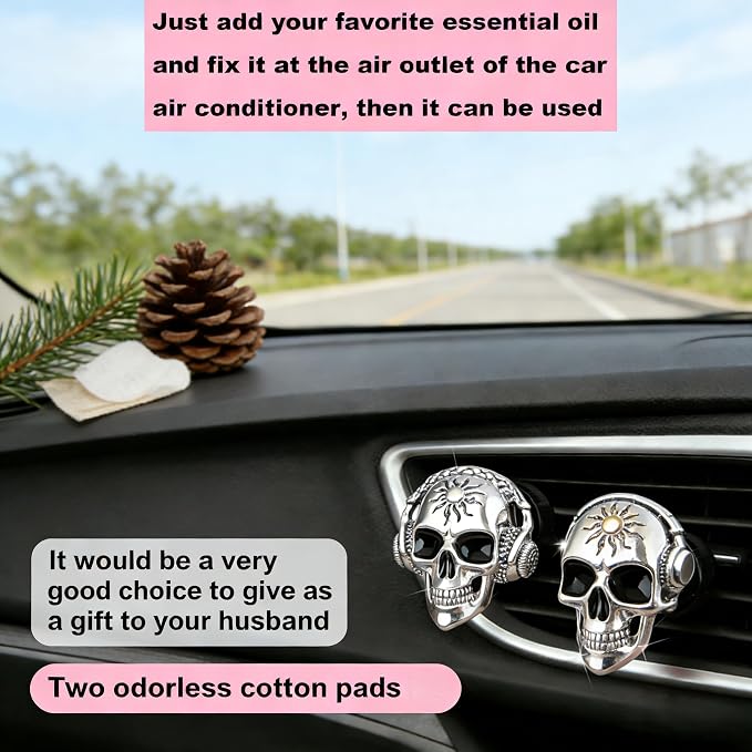 Gothic Skull Car Air Freshener Vent Clips with 2 Pads, Halloween Scented Car Accessories for Men Women, Automotive Interior Decor and Cool Car Fresheners for Men， Spooky Gift Idea-A8