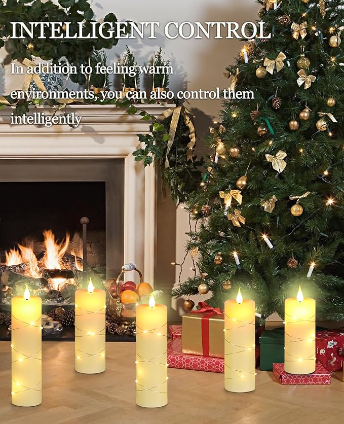 Upinmz Flickering Flameless Candles with Embedded String Lights, Battery Operated Candles with Remote Control and Timer,LED Candles for Home Decoration,Real Wax, 5 Pack Ivory